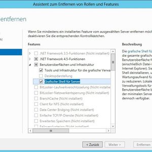Installiert man im Server-Manager nur „Tools und Infrastruktur für die grafische Verwaltung“, befinden sich die Verwaltungskonsolen der wichtigsten grafischen Werkzeuge auf dem Server. Verzichtet man auf die Features „Grafische Shell für Server“ und „Desktopdarstellung“, handelt es sich um einen Server mit dem Minimal Server Interface.