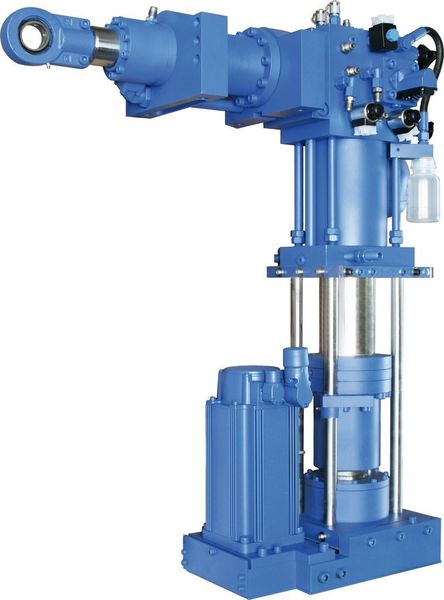 Bild 2: Zwischen elektrischem Servomotor und Linearführung sitzt ein hydraulisches Getriebe zur Umwandlung der rotatorischen in eine lineare Bewegung.  (Bild: Bosch Rexroth)
