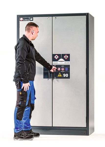 Asecos bietet für Metallpulver einen Schrank mit 90 Minuten Feuerwiderstandsfähigkeit und eine Sonderinnenausstattung mit Schwerlast-Gitterrosten aus verzinktem Stahlblech mit einer maximalen Traglast von je 180 kg.  (Asecos)