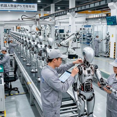 Hochautomatisierte Serienfertigung: Trotz digitalisierter Prozesse bleibt bei der filigranen Montage und Kalibrierung der humanoiden Roboter menschliche Handarbeit weiterhin unverzichtbar. (Bild: Gemini / KI-generiert)