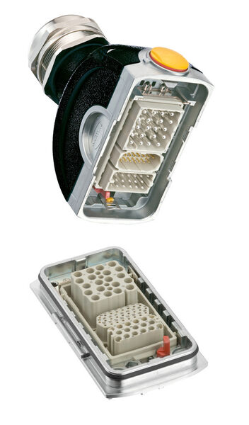 Modular bestückter Han-Yellock 60. Darin eingesetzt von oben nach unten: Han EEE Modul zur Leistungsübertragung (16 A/500 V); DDD Modul – für Ströme bis 10 A oder Signalübertragung - sowie das High Density Modul für die Signalübertragung bei hoher Kontaktdichte. (Bild: Harting)