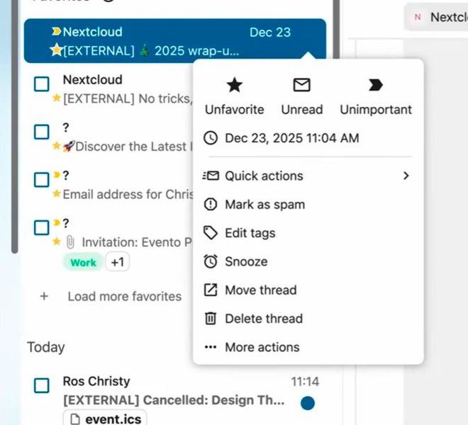 Favorisierte Threads und kontextbezogene Schnellaktionen beschleunigen die Navigation und Bearbeitung von E-Mails innerhalb der neuen Mail-Oberfläche. (Bild: Joos - Nextcloud)