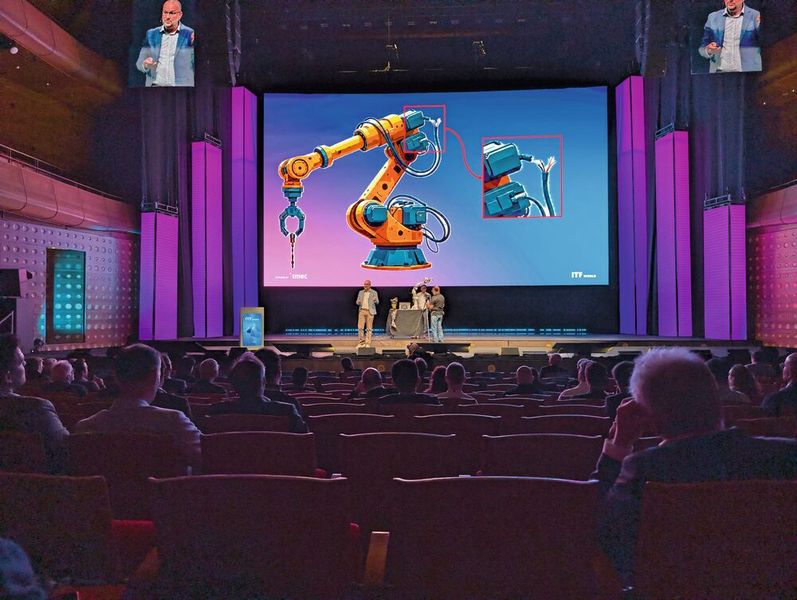 Presentation at the ITC World by Imec: Rigid electronics is a weak point addressed by polymers with liquid metal. (Image:mc/VCG)