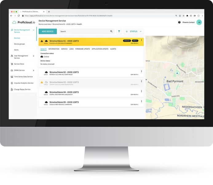 Die Geräteansicht des Device Management Services ermöglicht eine gute Übersicht über den Zustand der Anlage. (Bild: Phoenix Contact)
