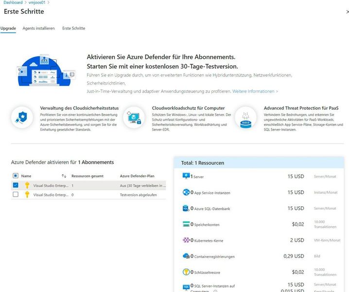 Azure Defender für mehr Sicherheit von Azure-VMs nutzen.
 (Joos)