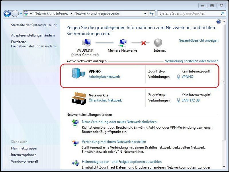 Schritt 19: Nun sehen Sie im  „Netzwerk- und Freigabecenter“ das neue VPN-Netzwerk. (Archiv: Vogel Business Media)