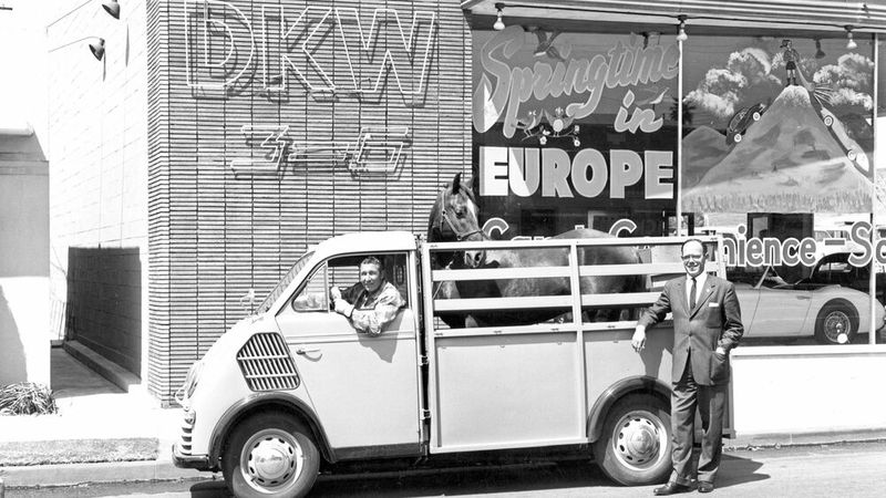 Auch dank des DKW F 800 (hier ein /3 Viehtransportwagen) ging es für die Auto Union nach dem Krieg wieder bergauf. Sogar in den USA fanden die DKW-Schnelllaster schnell eine treue Fangemeinde. Das Foto wurde vor dem Ausstellungsraum des DKW-Importeurs Peter Satori aufgenommen, der rechts am Wagen steht. (Bild: Audi)