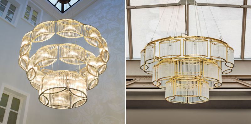 Plagiarius-Preisträger 2016: Kronleuchter „STILIO“, links Original: Licht im Raum Dinnebier GmbH, Düsseldorf, Deutschland; Design: Daniel Klages, rechts Plagiat: Hersteller: Zhongshan Henglan Marsden Lighting Co. Ltd., Guangdong, VR China (Aktion Plagiarius)