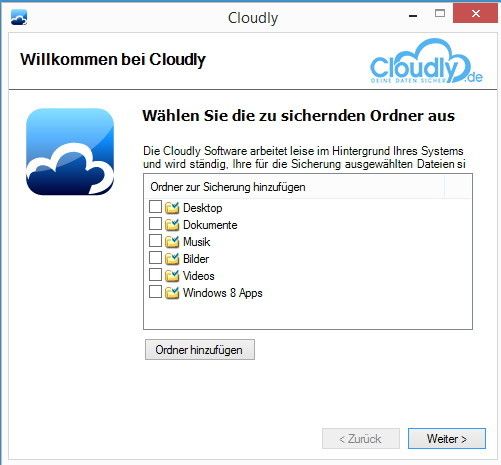 Bereits während der Installation wählen Sie die Ordner aus, die Sie in die Cloud sichern wollen. Nach der Installation finden sich alle Einstellungsmöglichkeiten von Cloudly über das Kontextmenü des Icons im Taskbereich. Hier können Anwender auch einstellen, welche maximale Geschwindigkeit für den Download und Upload der Dateien auf dem Rechner zur Verfügung steht. (Bild: Cloudly.de)
