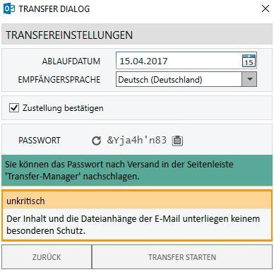 Transfer Dialog: Klassifizierungsstufe „unkritisch“ orange markiert und mit kurzer Erläuterung. Der Anwender kann Ablaufdatum und Empfängersprache bestimmen und wählen, ob er eine Zustellungsbestätigung erhalten möchte. (Befine Solutions)