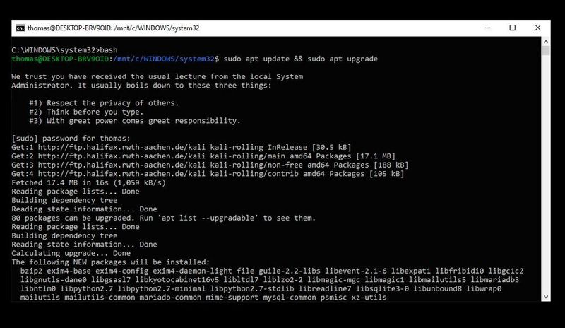Durch die Integration von Kali-Linux in Windows, stehen auch viele Sicherheits-Tools für Linux in Windows zur Verfügung. (Joos / Microsoft)