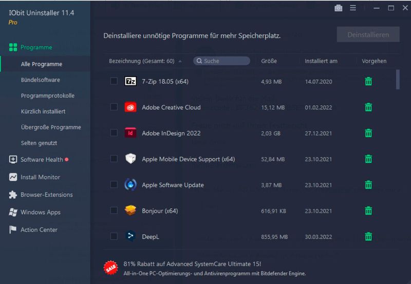 Abbildung 1: In der Oberfläche zeigt „Iobit Uninstaller“ die einzelnen Programme an und erlaubt die Deinstallation von mehreren Programmen auf einmal.  (Thomas Joos)