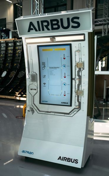 Auf dem Innovation Showcase präsentieren Airbus und Altran den „Sidewall Demonstrator“. Dieser zeigt die gedruckten Funktionen, die ein zukünftiges Kabinenlayout bieten könnte. (Airbus)