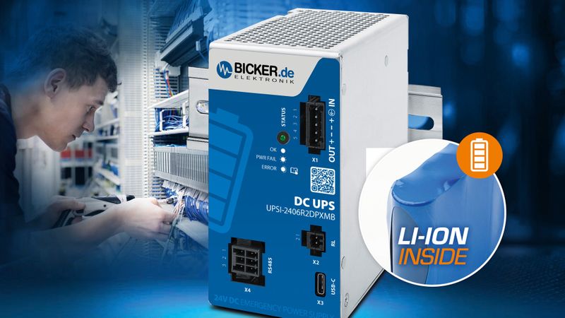 DC-Notstromversorgungslösung „Made in Germany“ Bicker UPSI-2406R2DP1MB (24 VDC / 4 A / 96 W) mit integriertem Li-Ion-Batteriepack und USB-C- / RS485-Modbus-Schnittstellen.(Bild:  Bicker Elektronik GmbH)