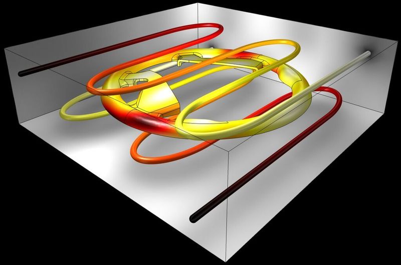 Kühlung eines Lenkrad-Spritzgusses. Das neue COMSOL Pipe Flow Modul ermöglicht eine effiziente Simulation der Kühlkanäle unter Einsatz einer eindimensionalen, nicht-isothermen Rohrströmung. Dies geschieht vollständig gekoppelt mit der Wärmetransportsimulation des Formwerkzeuges und dem Polyurethan-Bauteil, das als CAD-Geometrie importiert wurde. (Bild: Comsol Multiphysics)