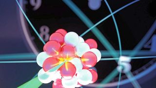 Künstlerische Darstellung der Laserabfrage eines hochgeladenen Uhren-Ions (Bild: PTB)