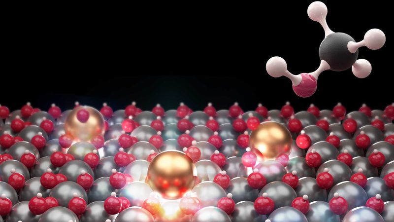 Each of the isolated indium atoms (in gold color) can catalyse the synthesis of methanol (top right).(Image: Constance Ko / ETH Zurich)