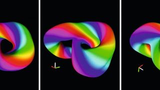 Hopfionen: je mehr Schleifen, desto höher die Hopfionenzahl. Die Farben geben die Ausrichtung der Spins wieder, die für die Magnetisierung maßgeblich ist.  (Forschungszentrum Jülich)