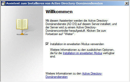Abbildung 2: Starten der erweiterten Installation von Active Directory (Archiv: Vogel Business Media)