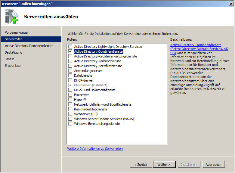 Abbildung 1: Auswählen und installieren der Rolle Active Directory-Domänendienste (Archiv: Vogel Business Media)