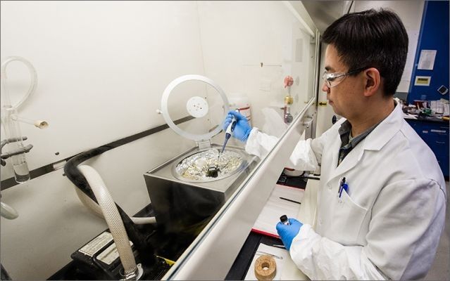 NREL-Wissenschaftler Kai Zhu bei der Herstellung von Perowskit-basierten Solarzellen im Labor. (Dennis Schroeder)