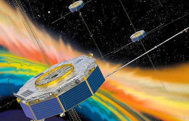 Illustration of the MMS spacecraft measuring the solar wind plasma in the interaction region with the Earth’s magnetic field.  (Nasa)