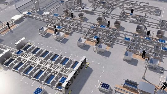 Eine aus modularen Standardkomponenten aufgebaute Anlage für Batteriefertigung und -recycling stellt Bosch Rexroth in Hannover in der «Application Area» vor.  (Bild:  Bosch Rexroth)