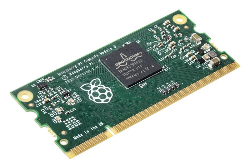 Raspberry Pi Compute Modul 3: 64-Bit-Broadcom BCM2837-Pozessor mit 1,2 GHz und 1 GB LPDDR2-RAM und 4 GB on-board eMMC Flash-Speicher. (RS Components)
