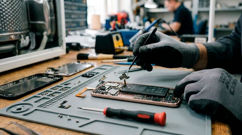 Mit dem Recht auf Reparatur müssen Geräte so konstruiert sein, dass man sie reparieren kann. Unter anderem sollten Akkus so verbaut werden, dass ein Tausch möglich ist. (Bild:  Gemini / KI-generiert)