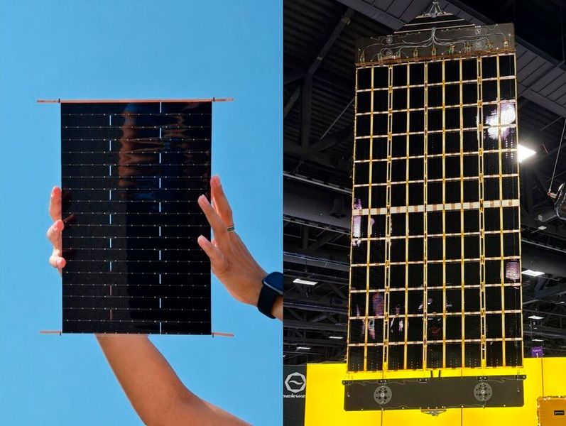 Die Solarmodule nutzen eine Schindel-Matrix-Verschaltung für die Solarzellen. In Kombi-nation mit kostengünstigen Silizium-Solarzellen ermöglicht dies Module zu deutlich geringeren Kosten zu fertigen. Links ein einzelnes Modul, rechts ein ganzer Flügel mit 108 Modulen.  (Bild: Fraunhofer ISE (links) / Source Energy Company (rechts))