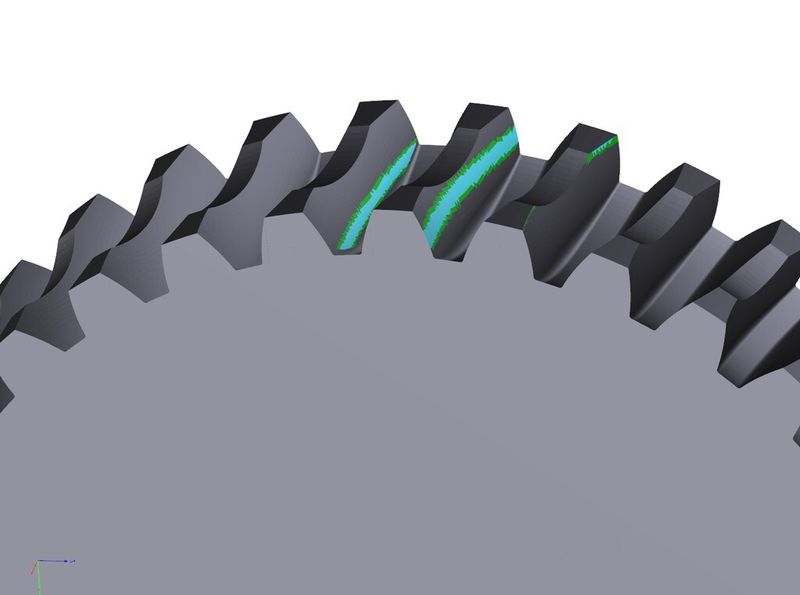 Berührbild bei einem Zylinderschneckengetriebe (B) mit Linienberührung bei vollem Tragen der Flanke, links mit transparent dargestellter Schnecke, rechts ohne Schnecke (Bild: Hochschule Osnabrück)