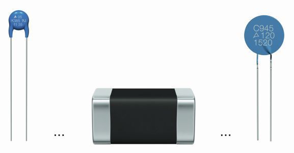 Bild 4: EPCOS Schutzbauelemente für Stromversorgungen: Von links nach rechts: Scheibenvaristor  für den Überspannungsschutz am Netzeingang und CeraDiode für den Schutz des Ausgangs, PTC zur Überstrombegrenzung am Netzeingang. (Bild: TDK)