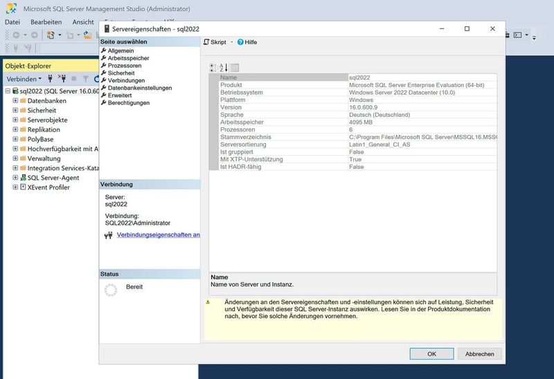 Anzeigen der Version von SQL Server 2022 und des verwendeten Betriebssystems.  (Bild: Joos (Screenshot))