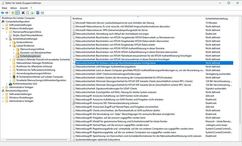 Der Editor für lokale Gruppenrichtlinien führt die Richtlinie „Netzwerksicherheit: Für Kerberos zulässige Verschlüsselungstypen konfigurieren” unter „Sicherheitseinstellungen\Lokale Richtlinien\Sicherheitsoptionen”. (Bild: Thomas Joos)