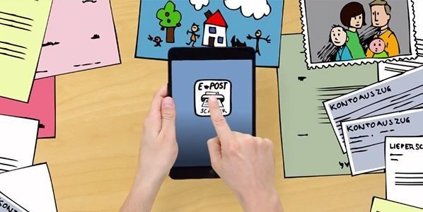 Das Bild zeigt einen Ausschnitt aus einem How-to-Video: Darin wird der E-Post-Scanner mit einer Mischform aus animierten Zeichnungen, dem realen Scanner, Handbewegungen und Animation in knapp einer Minute spielerisch und unterhaltsam erklärt. (Bildquelle: infotainweb)