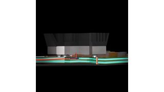 Bild 1: Konzept für elektro-optische Leiterplatten mit planar integrierten Wellenleitern(blau) (Bild: TU Berlin)