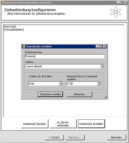 Abbildung 2: Erstellen von Datenbanken in SQL Azure über SQL Azure Migration Wizard (Bild: Thomas Joos)