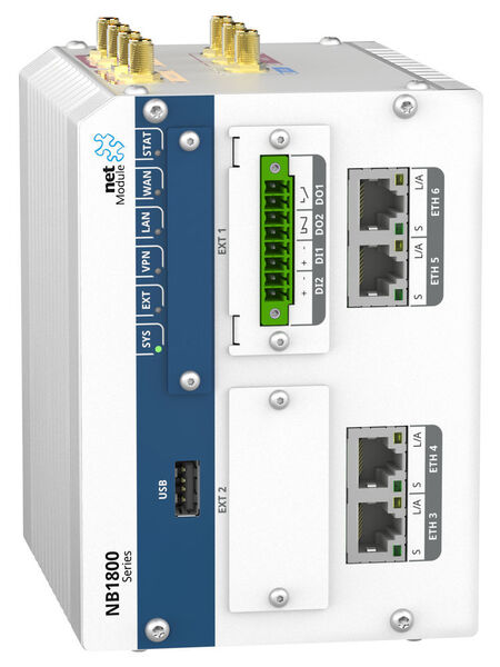 NetModule zeigt auf dem Gemeinschaftsstand SWISS Pavilion (Stand G24 in Halle 6) eine Auswahl seiner M2M-Industrial Router: Der kompakte NB800 ist für den Volumenmarkt ausgelegt und in OEM-Varianten erhältlich. Er zielt auf alle Anwendungen im Umfeld von Industrie 4.0 ab, bei denen robuste Verbindungen und Zuverlässigkeit Voraussetzungen sind. Zu den Features gehören ein LTE-zu-Ethernet-Gateway und eine leistungsstarke VPN-Protokoll-Suite. Für zusätzliche Anwendungen sind Hardware-Shields mit Dual CAN, seriellen Schnittstellen und Digital I/Os erhältlich.  
Auf Höchstleistungen ist der NB1810 Industrial Router als 6-Port-Gigabit Router getrimmt (Bild). Er kombiniert GbE mit Power-over-Ethernet+, ermöglicht also die Stromversorgung von Geräten, die über Ethernet angeschlossen sind. Der sichere Internetzugang erfolgt über mehrere LTE Advanced, WLAN, GbE und Glasfaser-Verbindungen. Zu seinen Einsatzbereichen zählen auch stationäre Komplettsysteme wie vernetzte Ticketautomaten, PWLAN und Digital Signage an Haltestellen. (NetModule)