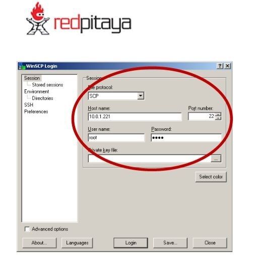 Red Pitaya: WinSCP login (Bild: Red Pitaya)