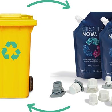 Mindestens 90 Prozent Post-Consumer-Rezyklat: Spouts und Kappen aus PCR für Non-Food-Anwendungen unterstützen die Kreislaufwirtschaft – für mehr Ressourcenschonung und Klimaschutz. (Bild: Pöppelmann)