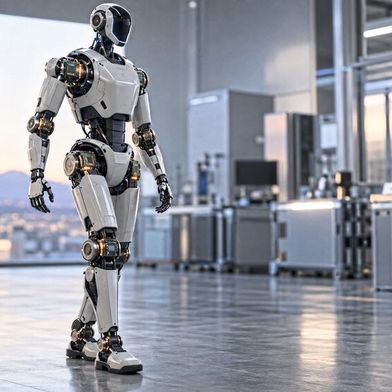 Leistungselektronik für humanoide Roboter: GaN-Transistoren sollen Motorantriebe an Gelenken wie Schultern, Hüften und Knien kompakter und effizienter machen. Nexperia baut dafür sein GaN-Portfolio weiter aus. (Bild: KI-generiert)