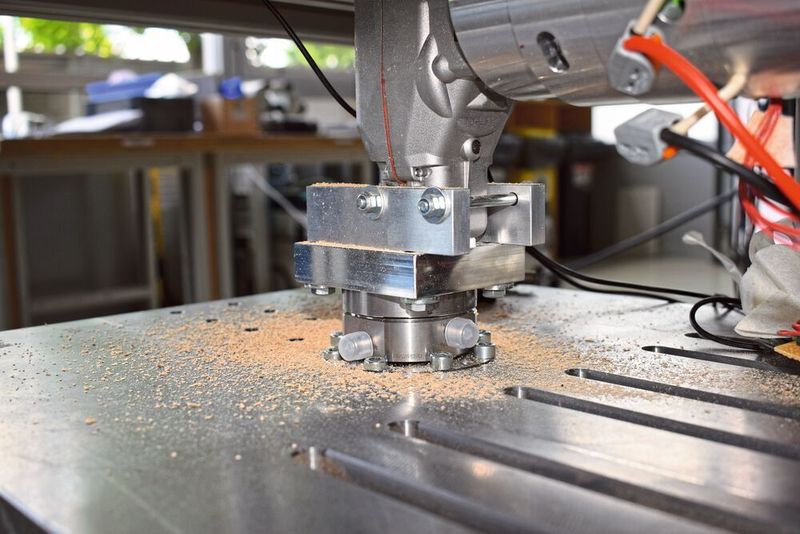 Der 6-Komponenten-Kraft-/Momenten-Sensor von Kistler misst exakt die dynamischen Kräfte und Momente, die auf die Stichsäge einwirken. Die Säge ist kopfüber montiert. (Kistler)