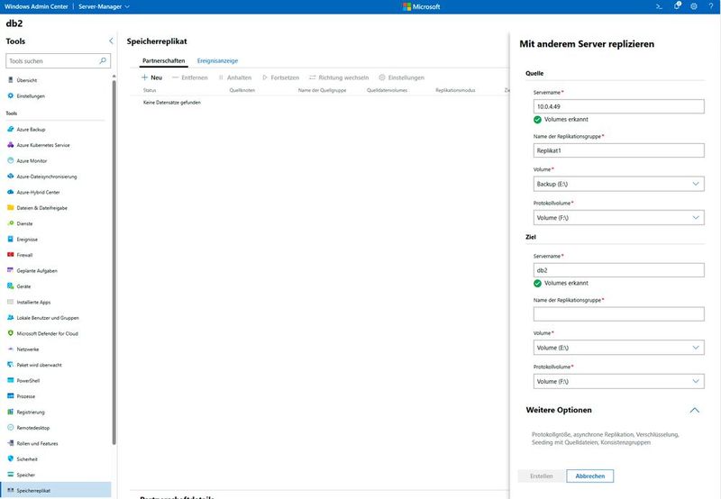 Einrichten der Speicherreplikation im Windows Admin Center. (Bild: Joos – Microsoft)