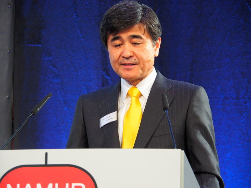 Yokogawa-Chef Takashi Nishijima in seiner Eröffnungs-Rede: „Gemäß unserem 'Co-innovation tomorrow' haben wir viele interessante Projekte verwirklicht.“ (Sabine Mühlenkamp)
