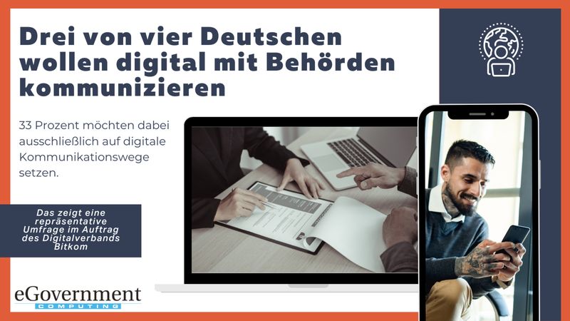 Ob per Online-Servicekonto (66 Prozent), per eMail (46 Prozent) oder per Messenger (19 Prozent) – zwei von drei Deutschen würden gerne digital mit Behörden kommunizieren. Während rund ein Drittel davon ausschließlich digital mit Behörden in Kontakt treten möchten, können sich 43 Prozent auch ein Hybrid-Modell vorstellen, das es ihnen erlaubt, Behörden digital oder per Briefpost zu kontaktieren.  (Bitkom)