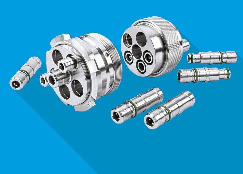 Mit dem Baukastensystem der Multiline Adaptiv lassen sich Anschlüsse für Flüssigkeiten, Druckluft, Gase oder Elektronik in einer Mehrfachkupplung individuell konfigurieren. (Eisele)