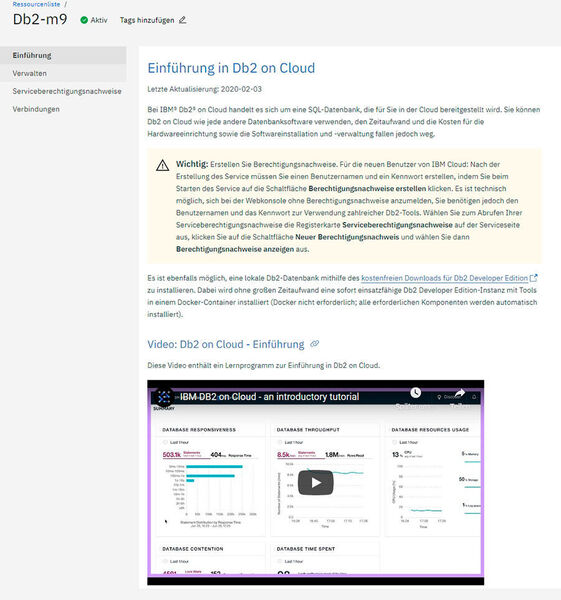 Wenn eine Ressource erstellt wurde, zeigt das Dashboard in der IBM Cloud eine Einführung und wichtige Informationen an. (IBM/Joos)