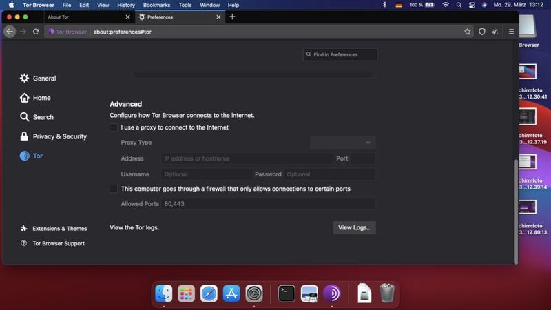 Konfigurieren der Proxy-Verbindung des TOR Browser. (Joos)