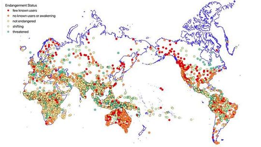 Contemporary languages and endangerment status. Made with a Natural Earth base map using data from Glottolog 5.3 and information adapted from Glottoscope.(Source:  Claire Bowern)