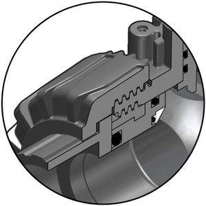 Der gesicherte Dichtungsträger mit dem patentierten Kugelsitz mit „Seat Stop“-Funktion 